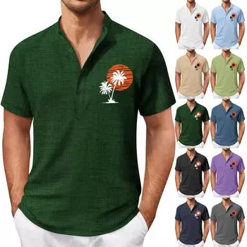 Винтажная летняя мужская футболка, уличная одежда, 3 пуговицы, свободная одежда, футболка с коротким рукавом и принтом