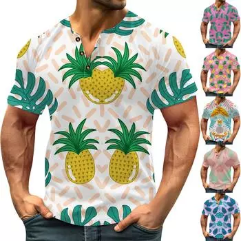 Винтажная летняя мужская футболка, уличная одежда, 3 пуговицы, свободная одежда, футболка с коротким рукавом и принтом L зелёный