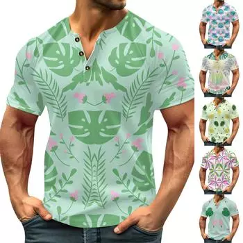 Винтажная летняя мужская футболка, уличная одежда, 3 пуговицы, свободная одежда, футболка с коротким рукавом и принтом