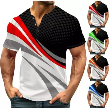 Винтажная летняя мужская футболка, уличная одежда, 3 пуговицы, свободная одежда, футболка с коротким рукавом и принтом