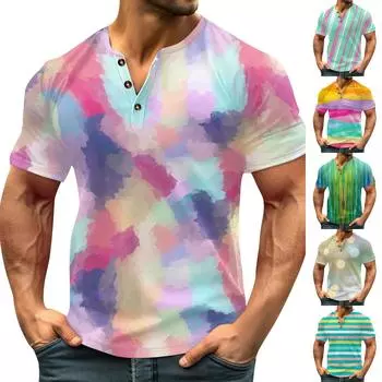 Винтажная летняя мужская футболка, уличная одежда, 3 пуговицы, свободная одежда, футболка с коротким рукавом и принтом