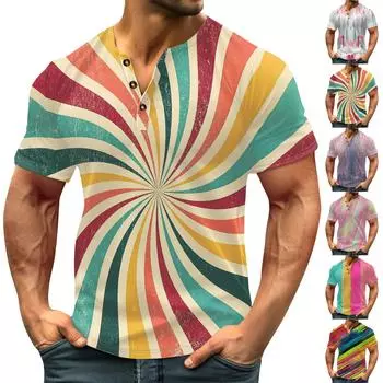 Винтажная летняя мужская футболка, уличная одежда, 3 пуговицы, свободная одежда, футболка с коротким рукавом и принтом