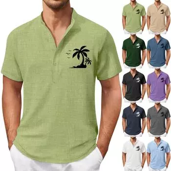 Винтажная летняя мужская футболка, уличная одежда, 3 пуговицы, свободная одежда, футболка с коротким рукавом и принтом