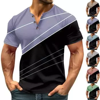 Винтажная летняя мужская футболка, уличная одежда, 3 пуговицы, свободная одежда, футболка с коротким рукавом и принтом