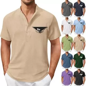 Винтажная летняя мужская футболка, уличная одежда, 3 пуговицы, свободная одежда, футболка с коротким рукавом и принтом