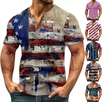 Винтажная летняя мужская футболка, уличная одежда, 3 пуговицы, свободная одежда, футболка с коротким рукавом и принтом L синий