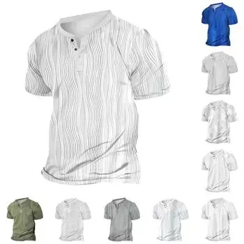 Винтажная летняя мужская футболка, уличная одежда, 3 пуговицы, свободная одежда, футболка с коротким рукавом и принтом L