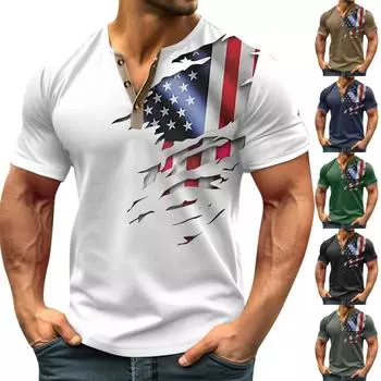 Винтажная летняя мужская футболка, уличная одежда, 3 пуговицы, свободная одежда, футболка с коротким рукавом и принтом L