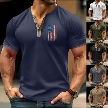 Винтажная летняя мужская футболка, уличная одежда, 3 пуговицы, свободная одежда, футболка с коротким рукавом и принтом L