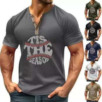 Винтажная летняя мужская футболка, уличная одежда, 3 пуговицы, свободная одежда, футболка с коротким рукавом и принтом L