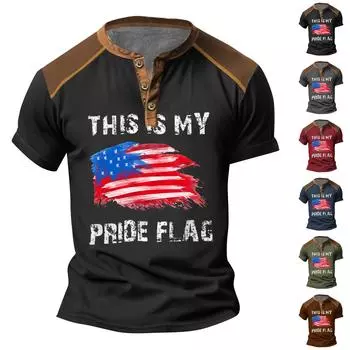 Винтажная летняя мужская футболка, уличная одежда, 3 пуговицы, свободная одежда, футболка с коротким рукавом и принтом L