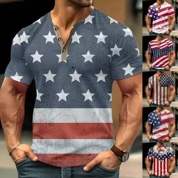 Винтажная летняя мужская футболка, уличная одежда, 3 пуговицы, свободная одежда, футболка с коротким рукавом и принтом L синий