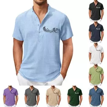 Винтажная летняя мужская футболка, уличная одежда, 3 пуговицы, свободная одежда, футболка с коротким рукавом и принтом S