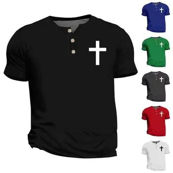 Винтажная летняя мужская футболка, уличная одежда, 3 пуговицы, свободная одежда, футболка с коротким рукавом и принтом L чёрный