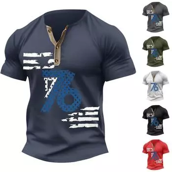 Винтажная летняя мужская футболка, уличная одежда, 3 пуговицы, свободная одежда, футболка с коротким рукавом и принтом L