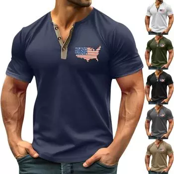 Винтажная летняя мужская футболка, уличная одежда, 3 пуговицы, свободная одежда, футболка с коротким рукавом и принтом L