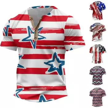 Винтажная летняя мужская футболка, уличная одежда, 3 пуговицы, свободная одежда, футболка с коротким рукавом и принтом L синий