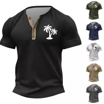 Винтажная летняя мужская футболка, уличная одежда, 3 пуговицы, свободная одежда, футболка с коротким рукавом и принтом L