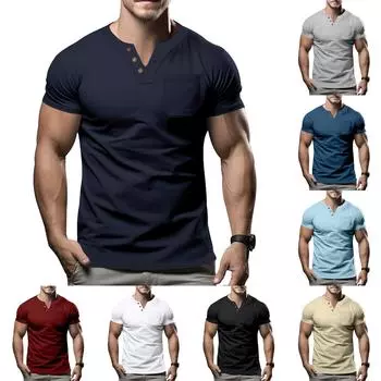 Винтажная летняя мужская футболка, уличная одежда, 3 пуговицы, свободная одежда, футболка с коротким рукавом и принтом L чёрный