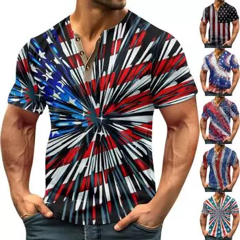 Винтажная летняя мужская футболка, уличная одежда, 3 пуговицы, свободная одежда, футболка с коротким рукавом и принтом L синий