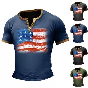 Винтажная летняя мужская футболка, уличная одежда, 3 пуговицы, свободная одежда, футболка с коротким рукавом и принтом L