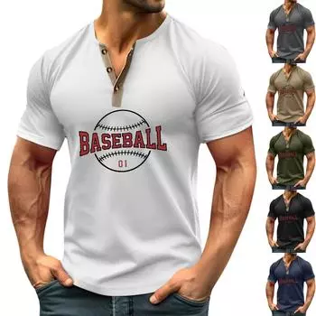 Винтажная летняя мужская футболка, уличная одежда, 3 пуговицы, свободная одежда, футболка с коротким рукавом и принтом L чёрный