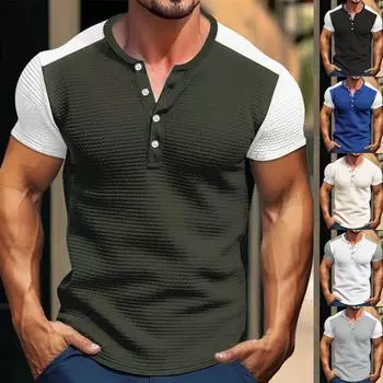 Винтажная летняя мужская футболка, уличная одежда, 3 пуговицы, свободная одежда, футболка с коротким рукавом и принтом L