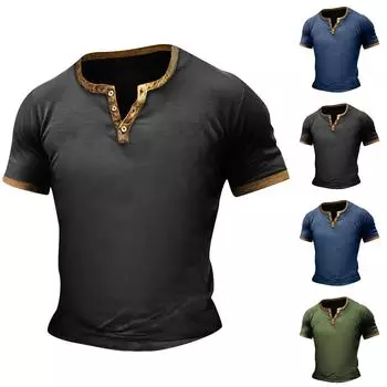 Винтажная летняя мужская футболка, уличная одежда, 3 пуговицы, свободная одежда, футболка с коротким рукавом и принтом L