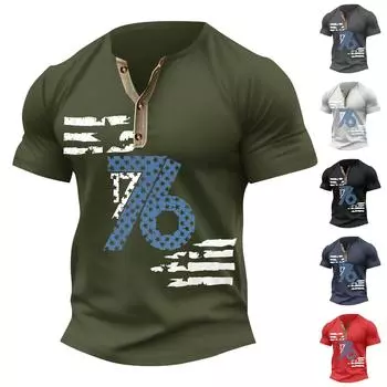 Винтажная летняя мужская футболка, уличная одежда, 3 пуговицы, свободная одежда, футболка с коротким рукавом и принтом L