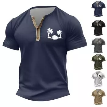 Винтажная летняя мужская футболка, уличная одежда, 3 пуговицы, свободная одежда, футболка с коротким рукавом и принтом L