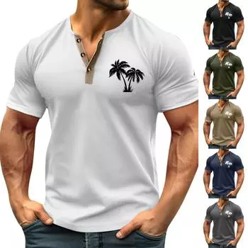 Винтажная летняя мужская футболка, уличная одежда, 3 пуговицы, свободная одежда, футболка с коротким рукавом и принтом L