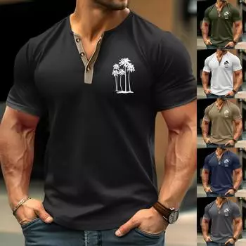 Винтажная летняя мужская футболка, уличная одежда, 3 пуговицы, свободная одежда, футболка с коротким рукавом и принтом L