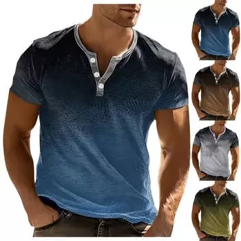 Винтажная летняя мужская футболка, уличная одежда, 3 пуговицы, свободная одежда, футболка с коротким рукавом и принтом M синий