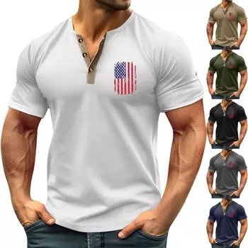 Винтажная летняя мужская футболка, уличная одежда, 3 пуговицы, свободная одежда, футболка с коротким рукавом и принтом M чёрный