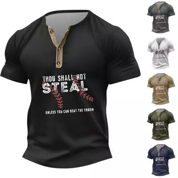 Винтажная летняя мужская футболка, уличная одежда, 3 пуговицы, свободная одежда, футболка с коротким рукавом и принтом L