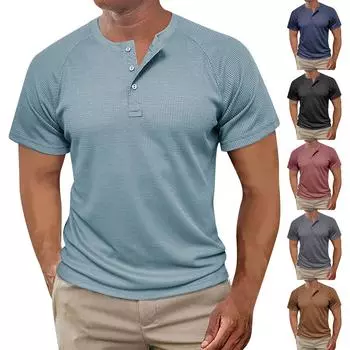 Винтажная летняя мужская футболка, уличная одежда, 3 пуговицы, свободная одежда, футболка с коротким рукавом и принтом L чёрный