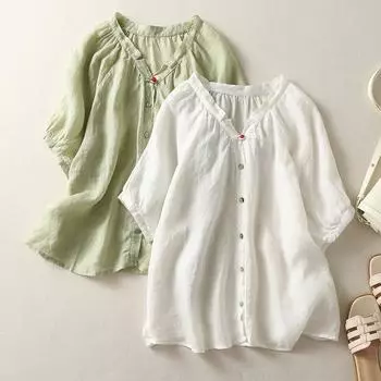 Винтажная литературная хлопковая простая женская футболка с коротким рукавом, летняя свободная футболка с v-образным вырезом и пуговицами, дышащая, легкая, мягкая, удобная, рабочий топ с короткими рукавами M белый