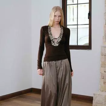 Винтажная лоскутная футболка с пайетками, длинный рукав, сексуальная, тонкая, кофейная, одежда 2000-х годов, осенние топы 2020 года, футболки, женская одежда, футболка One Size