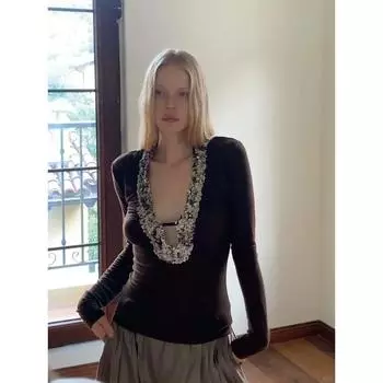 Винтажная лоскутная футболка с пайетками с длинным рукавом, сексуальная облегающая кофейная одежда, осенние топы 2000 года, футболки, женская одежда, футболка One Size коричневый