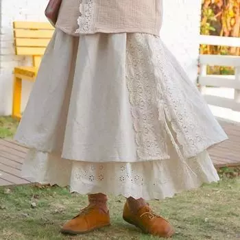 Винтажная Лоскутная кружевная льняная двухслойная плиссированная длинная юбка женская весенняя элегантная свободная юбка с эластичной резинкой на талии А-силуэта M хаки