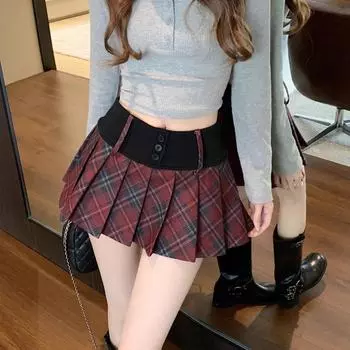 Винтажная лоскутная плиссированная узкая юбка А-силуэта для женщин 2025 года, весна, новая корейская повседневная мини-юбка с высокой талией в контрастную клетку S чёрный