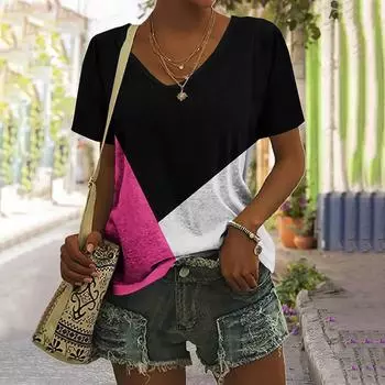 Винтажная лоскутная женская футболка, топы с клетчатым принтом, женская одежда, пуловер в стиле Харадзюку с v-образным вырезом, летние футболки большого размера с короткими рукавами M