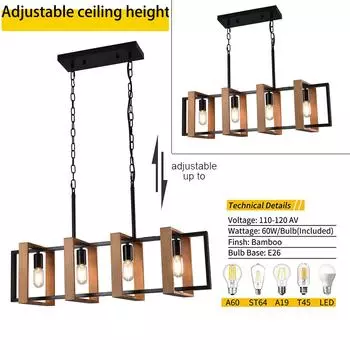 Винтажная люстра на 4 лампы, барное освещение, кухонная лампа, подвесной светильник в деревенском стиле из дерева, приспособление для праздничного бара, кофейного декора 31-40W