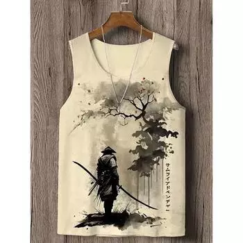 Винтажная майка в японском стиле, аниме, самурайский кот, 3D-принт, футболка без рукавов, повседневная, свободная, дышащая, смешной топ, мужская майка S