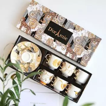 Винтажная маленькая роскошная турецкая кофейная чашка с блюдцем, чайный сервиз, подарочная коробка, подарочный цветочный чайный сервиз, набор из 6 предметов для эспрессо коричневый