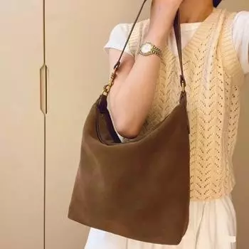 Винтажная матовая замшевая сумка Bm, сумка через плечо и подмышку, большая вместительная сумка для поездок на работу 30x9x25cm темно-коричневого