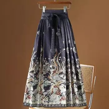 Винтажная макси юбка в китайском стиле с изображением лошадиной морды для женщин, цельная длинная плиссированная юбка ханьфу, женская одежда L чёрный