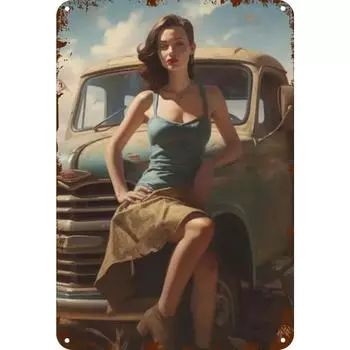 Винтажная металлическая пластина с изображением девушки и автомобиля, прямоугольная железная картина, настенное искусство, домашний бар, декор # 1