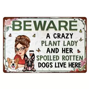 Винтажная металлическая табличка «Crazy Plant Lady» размером 12X8 дюймов. Идеально подходит для любителей садоводства и собак. Прочный наружный декор. чёрный