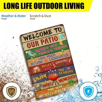 Винтажная металлическая табличка «Добро пожаловать на нашу террасу» — настенный декор размером 8x12 дюймов для дома, ресторана, бара, кафе и гаража чёрный